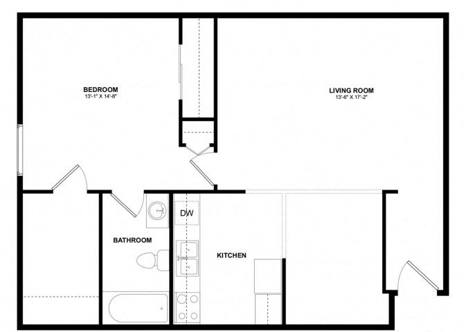 Floor plan for 1 bed, 1 bath, 800 sqft